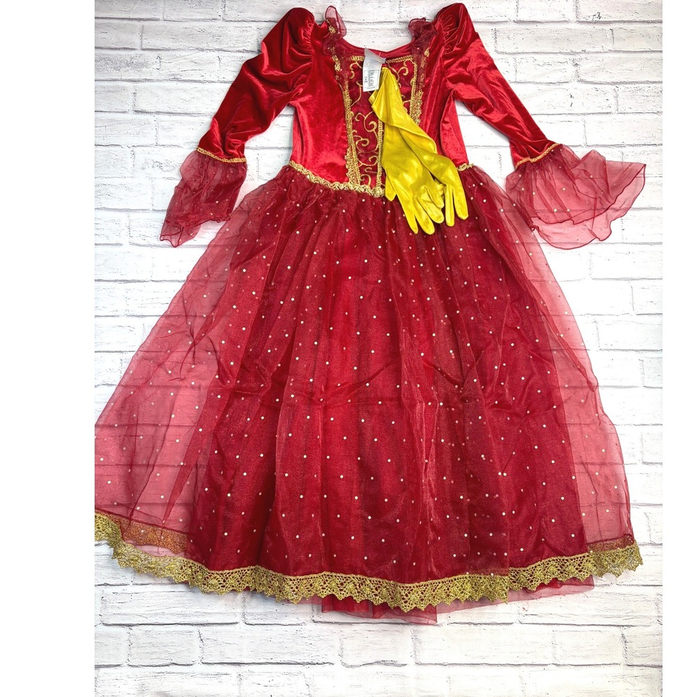 Disney Store Belle Winter Red Velvet Gold Lace Costume Dress Girls 7/8 Gloves